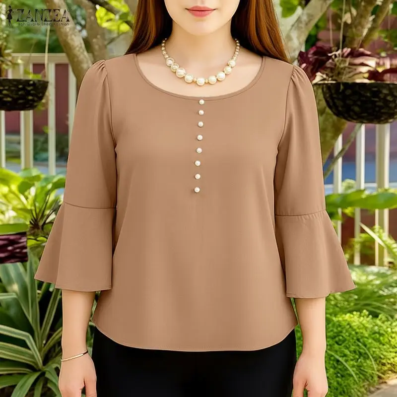 

Женская летняя офисная блузка ZANZEA, элегантная рубашка с расклешенными рукавами 3/4, женская офисная блузка с круглым вырезом, повседневные однотонные блузки больших размеров