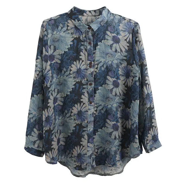 Long Sleeve Printed Cardigan Shirt 2025 Spring Autumn Fine Elegant Blouses Women Loose Ladies Tops and Blouse