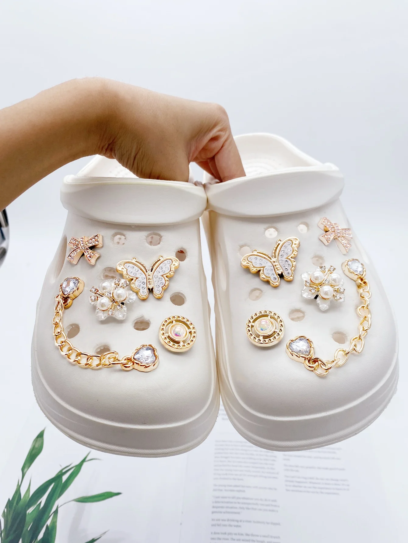 10 diy corrente dourada, decorações de fivela de sapato de flor, borboleta e arco, acessórios de clipe de sapato multifuncional para sanda feminino