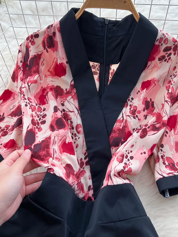 여름 여성 반팔 오피스 레이디 캐주얼 점프 슈트 세련된 우아한 인쇄 패치 워크 넓은 다리 스트레이트 레그 바지 C311