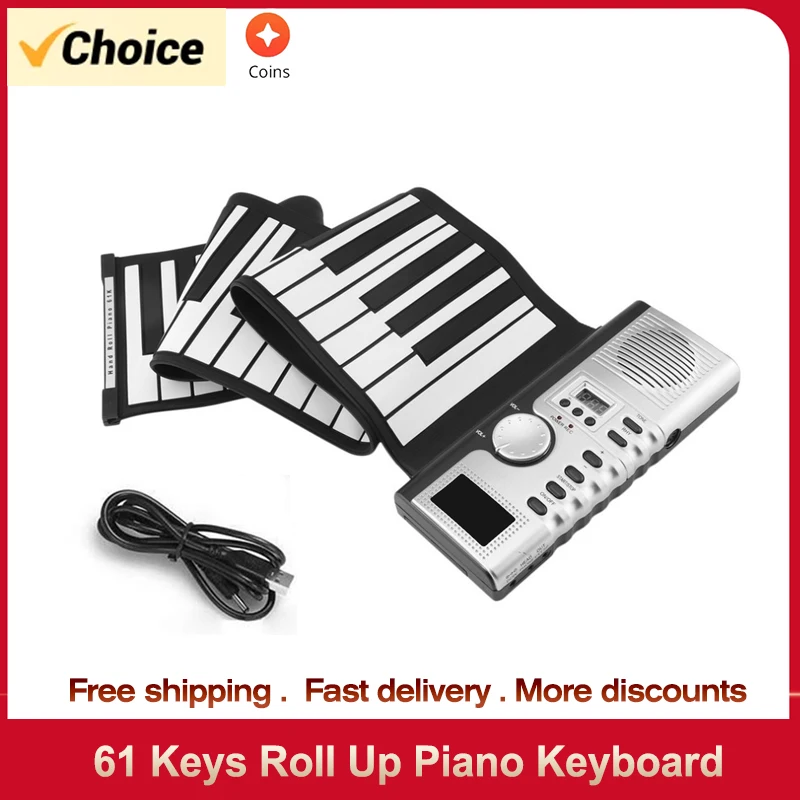 61 Keys Roll Up Piano Keyboard Portable Soft Silicone Electronic Piano with Built-in Speaker LCD Display Recording MIDI Function