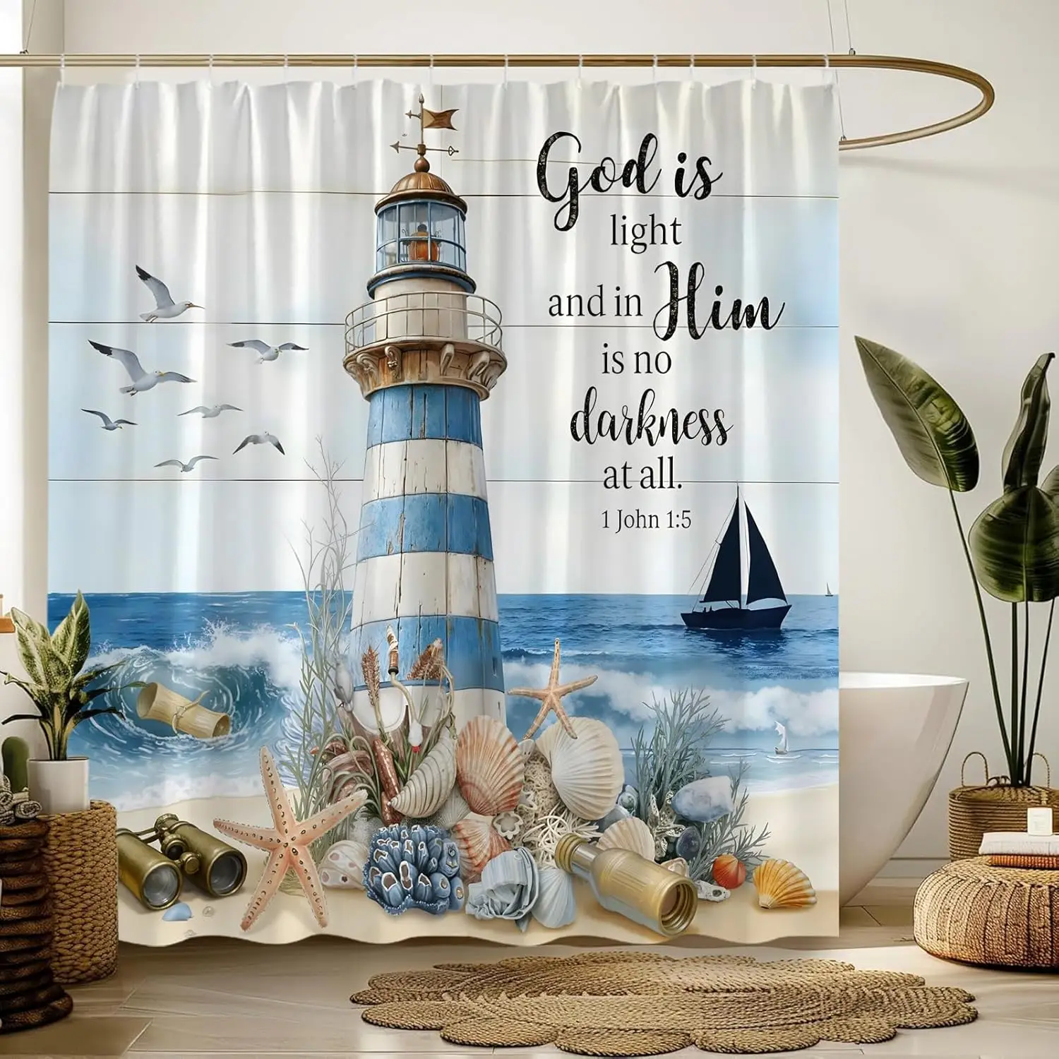 

Nautical Lighthouse Shower Curtain Blue Ocean Coastal Beach Bible Verse Scripture Vintage Polyester Bathroom Decor with Hook