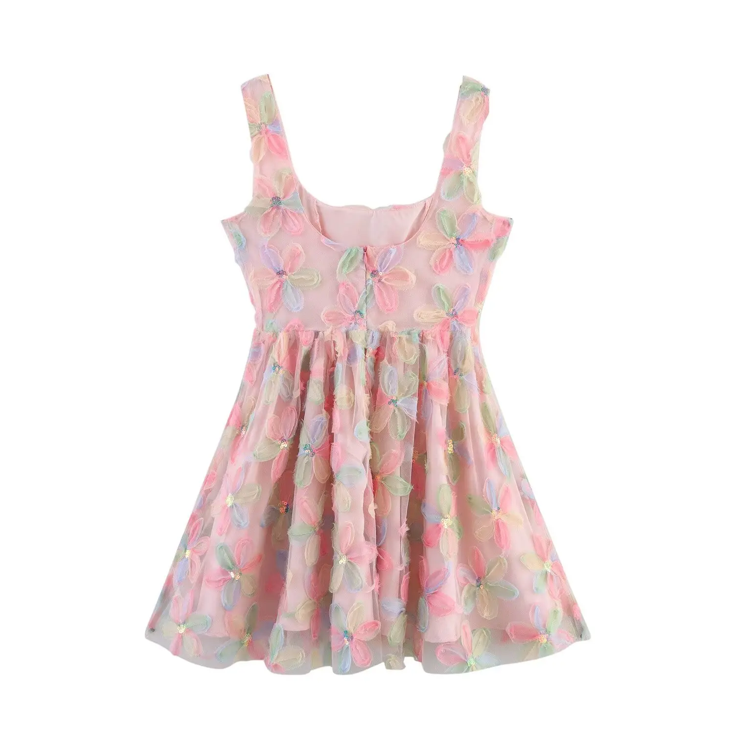   ملابس نسائية صيفية جديدة بمزاج عتيق مزين بالترتر الحلو فستان قصير بحمالات شبكية من قماش الجاكار