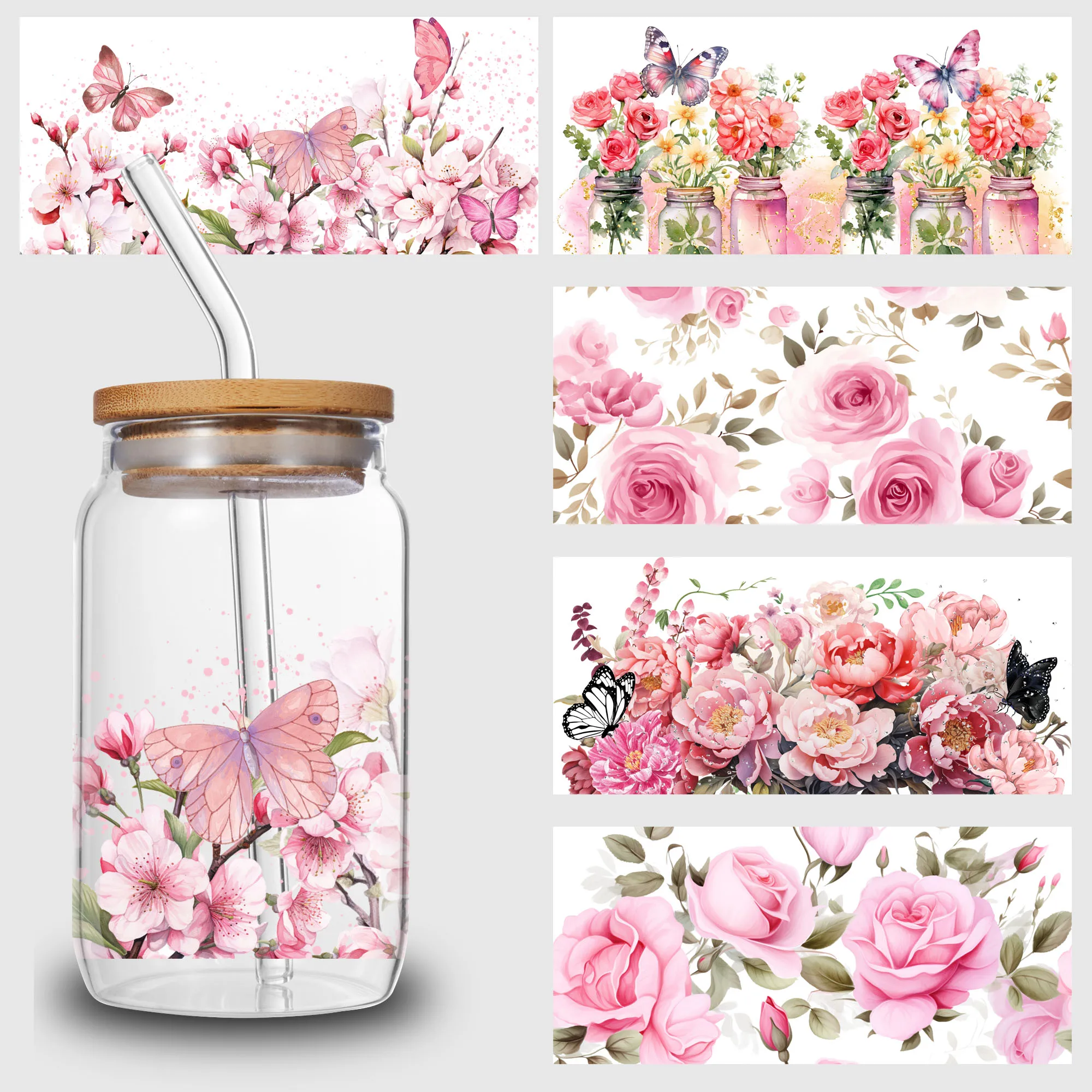 5 folhas de flores UV DTF Cup adesivo, decalque de transferência de vidro DTF, linda borboleta papel de transferência de limpeza à prova d'água