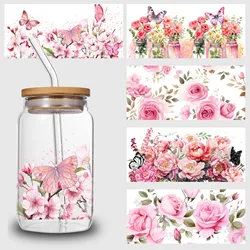 5 sheets flowers UV DTF Cup sticker, glass DTF transfer decal, beautiful butterfly waterproof wipe transfer paper