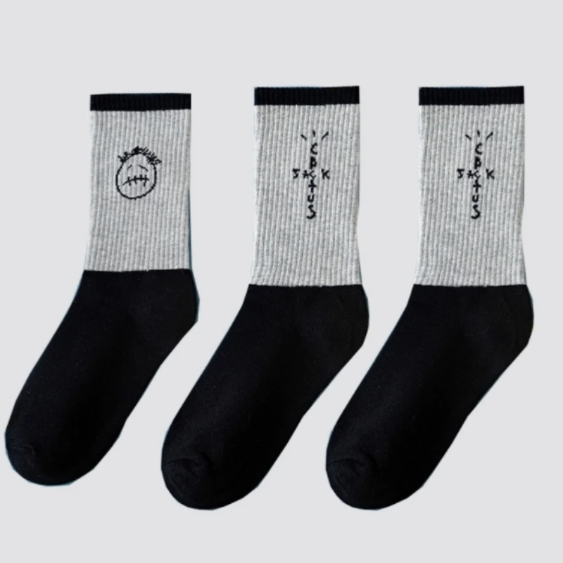 3 Pairs Men\'s Socks Crew Cactus Jack Socks Cotton Sport Hip Hop Basketball White /gray /Black Sockken Wholesale Women New Socks