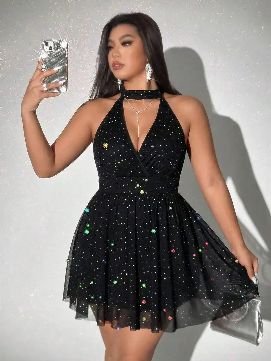 Plus Size Womens Halter Neck Sequin Mesh A-Line Flowy Mini Dress For Party Cocktail Clubbing