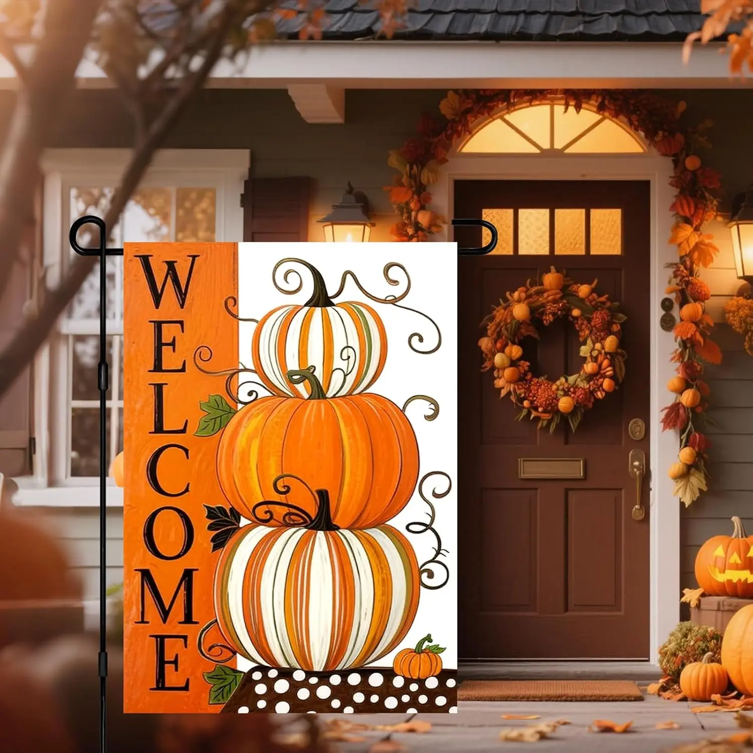 Thanksgiving Fall Garden Flag 12x18 Inch Welcome Striped Pumpkin Stack Outdoor Flag Double Sided Yard Banner with Rustic Ora yyi