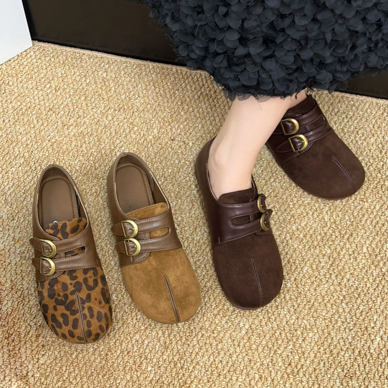 Girls Animal Print Ballet Flats 2026 New Autumn Toddler Strappy Leather Shoes Non-slip Simple Princess Girls School Party Age5-8