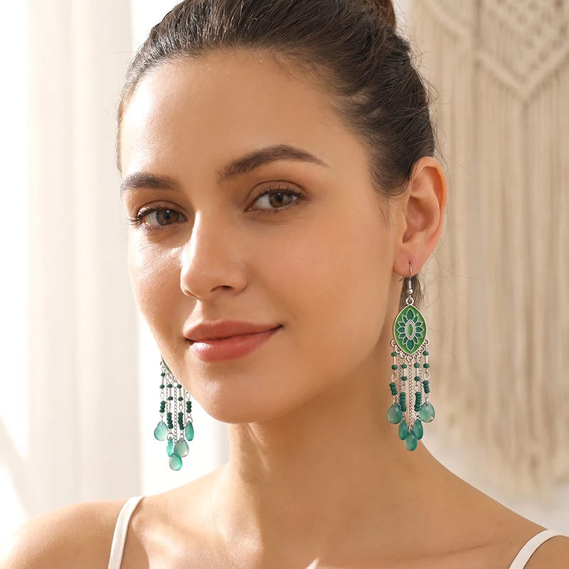 Enamel Flower Bohemian Water Drop Dangle Earrings for Women Ethnic Temperament Long Charm Earrings Vacation Casual Jewelry Gift