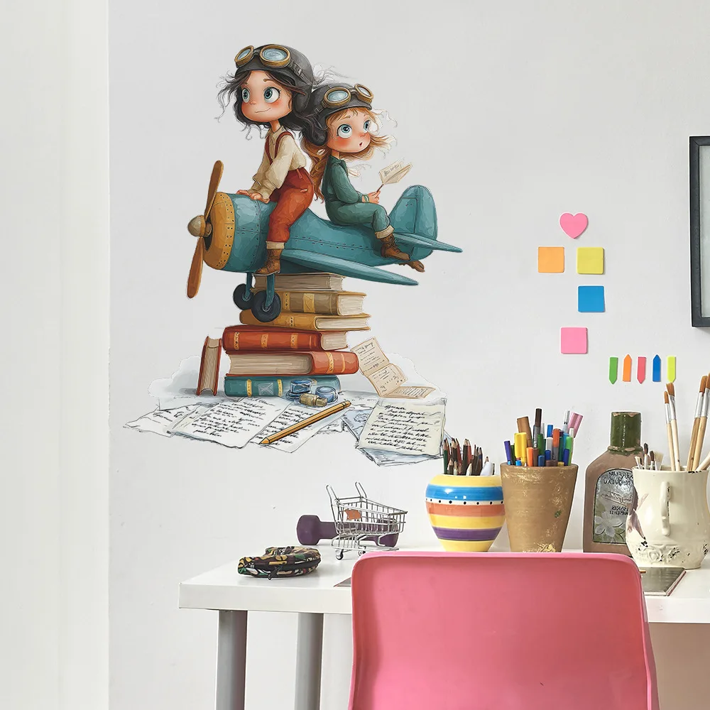 

Cartoon Book Airplane Wall Sticker Removable PVC Wall Decoration Suitable For Kids Room Bedroom Classrooms Nurseries Home Decals