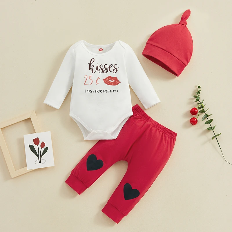 Adorable Valentine s Day Outfit Set with Heart Print Romper Cozy Pants Cute Hat 3 Piece for Baby Boy Long Sleeve