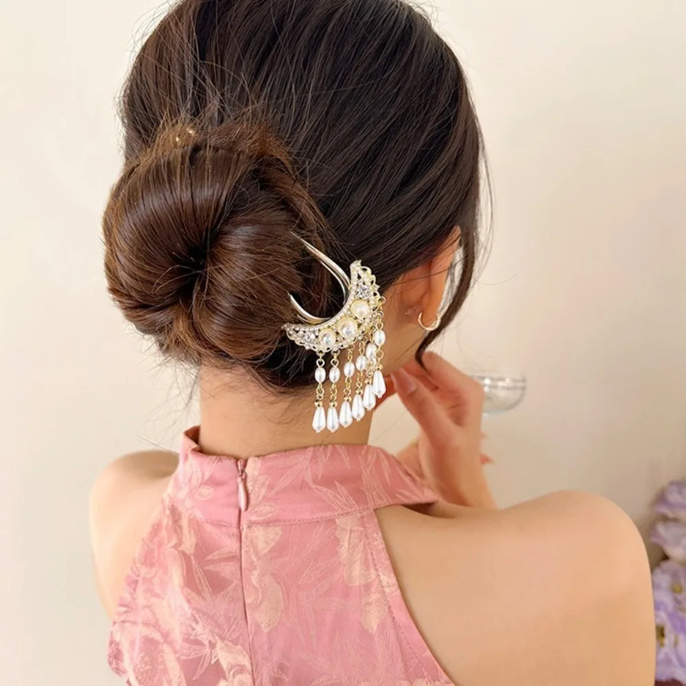 1pc U Förmigen Haar Sticks Gabeln Perlen Quaste Anhänger Dekor Alten Chinesischen Stil Haar Brötchen Maker Glänzenden Strass Designs – Detail 2