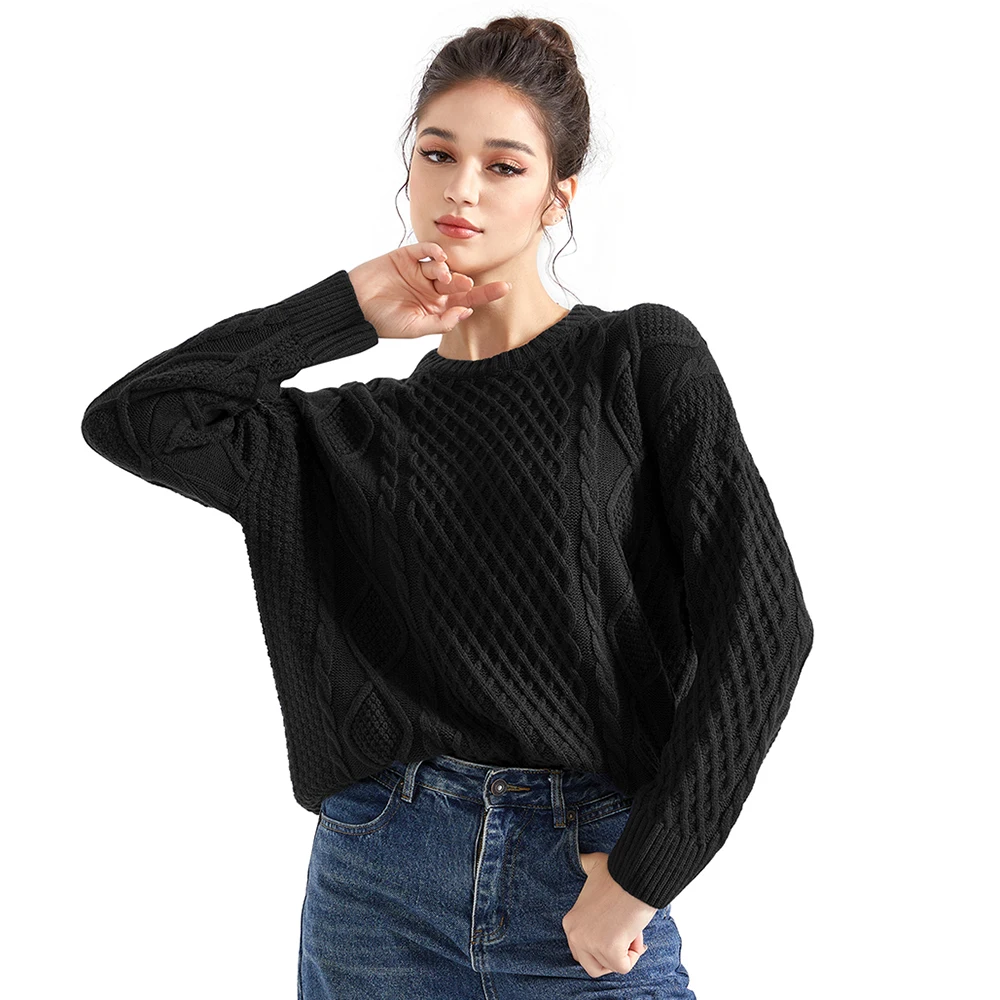 Women's Oversized Cable Knit Crewneck Sweaters Vintage Long Sleeve Women Heavy Crewneck Pullover Warm Soft Tops  Sweater Women