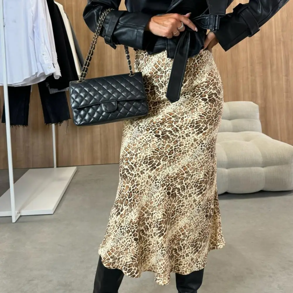 Leopard Print Long Skirt Leopard Print High Waist Midi Skirt with Zipper Detail Women's Commuting Style Mid-calf for Everyday