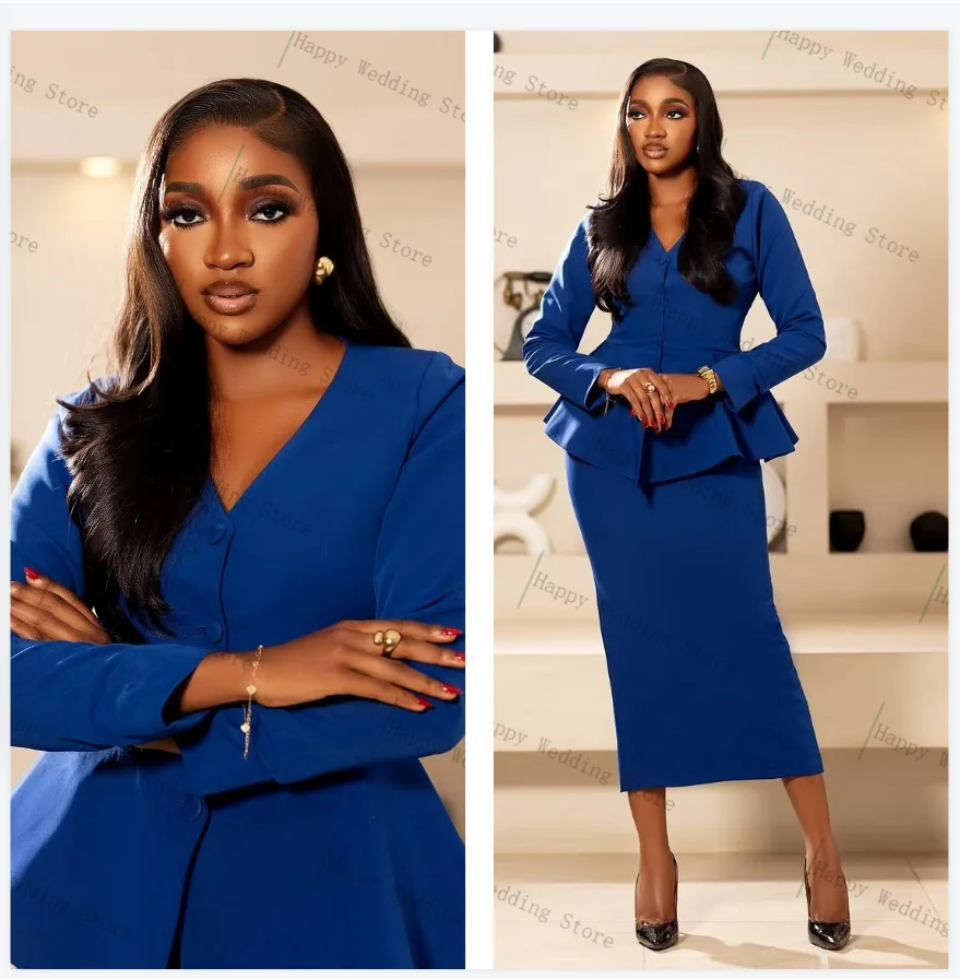 

Blue Women Suit Skirt Set 2 Pcs Blazer Prom Dress Ruffles Hem Formal Office Jacket Customized Wedding Tuxedo Cotton Coat