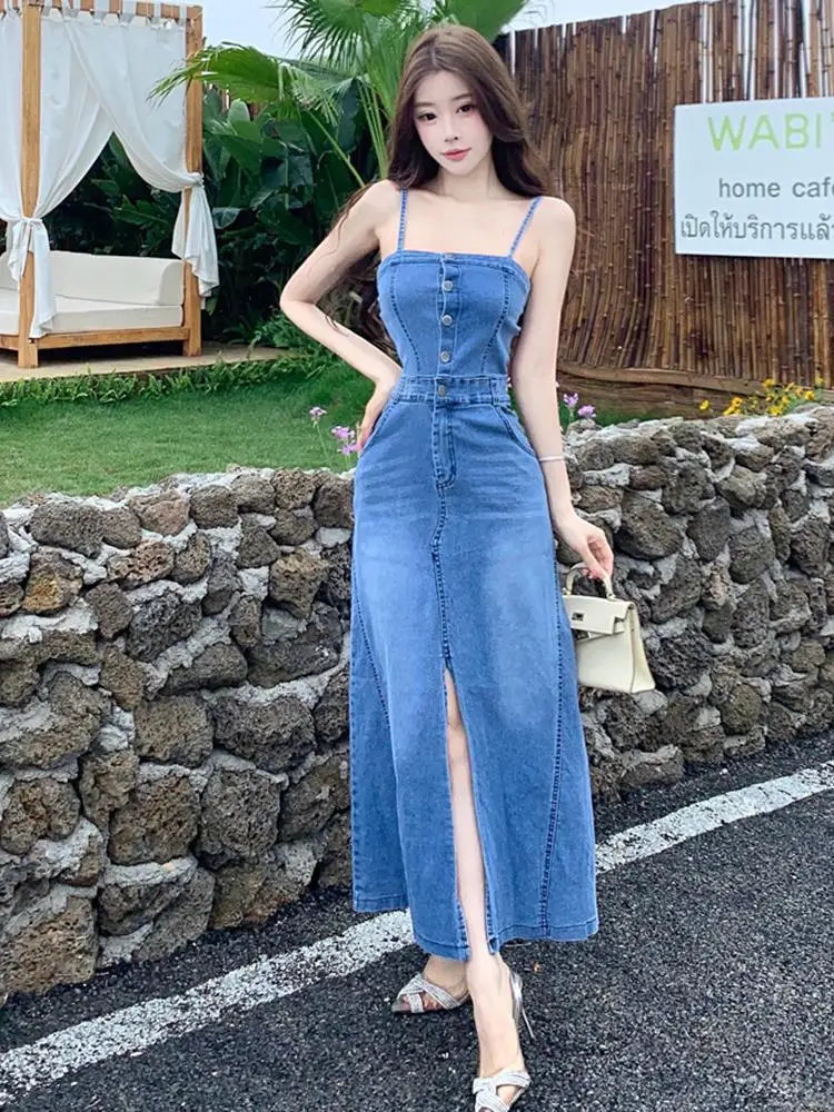 

Vintage Women's Blue Denim Sleeveless Single Breasted Slim Wrap Hip Split Long Dress Summer High Waist Sexy Backless Party Dress