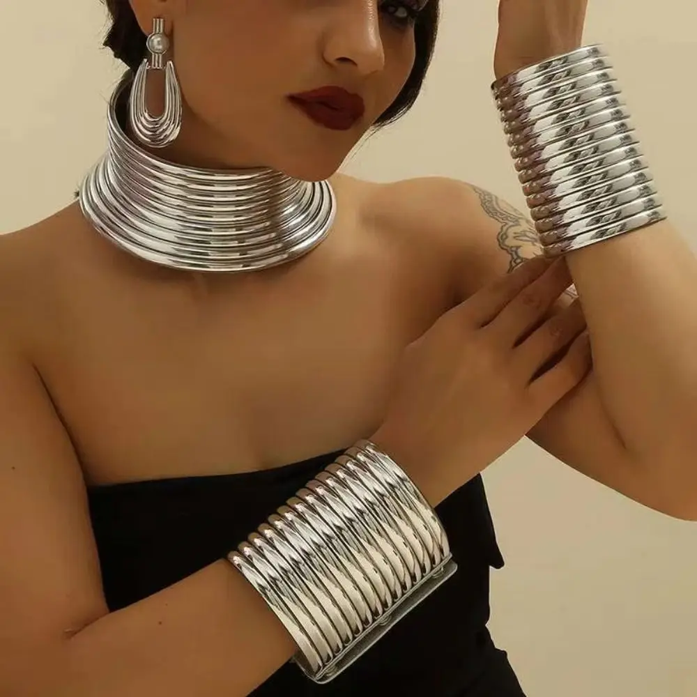 

3 PCS Gold Silver African Collar Bracelet Set Large Adjustable African Style Necklace Collar Set Exaggerated Fashion PU Leather
