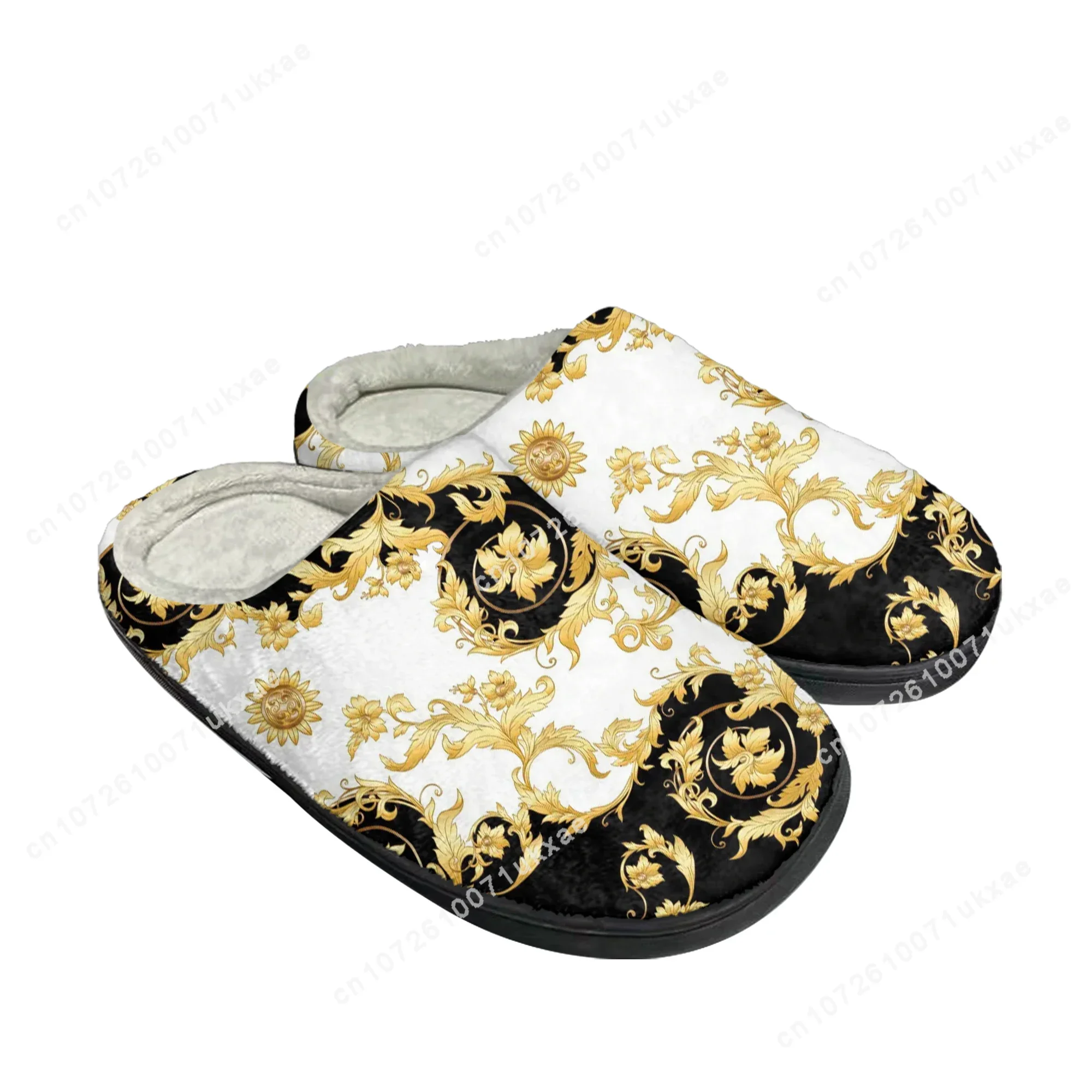 Luxe Gouden Gebloemde Barokke Katoenen Slippers Heren Dames Pluche Slaapkamer Casual Houd Warme Schoenen Thermisch Slipper Custom Schoen