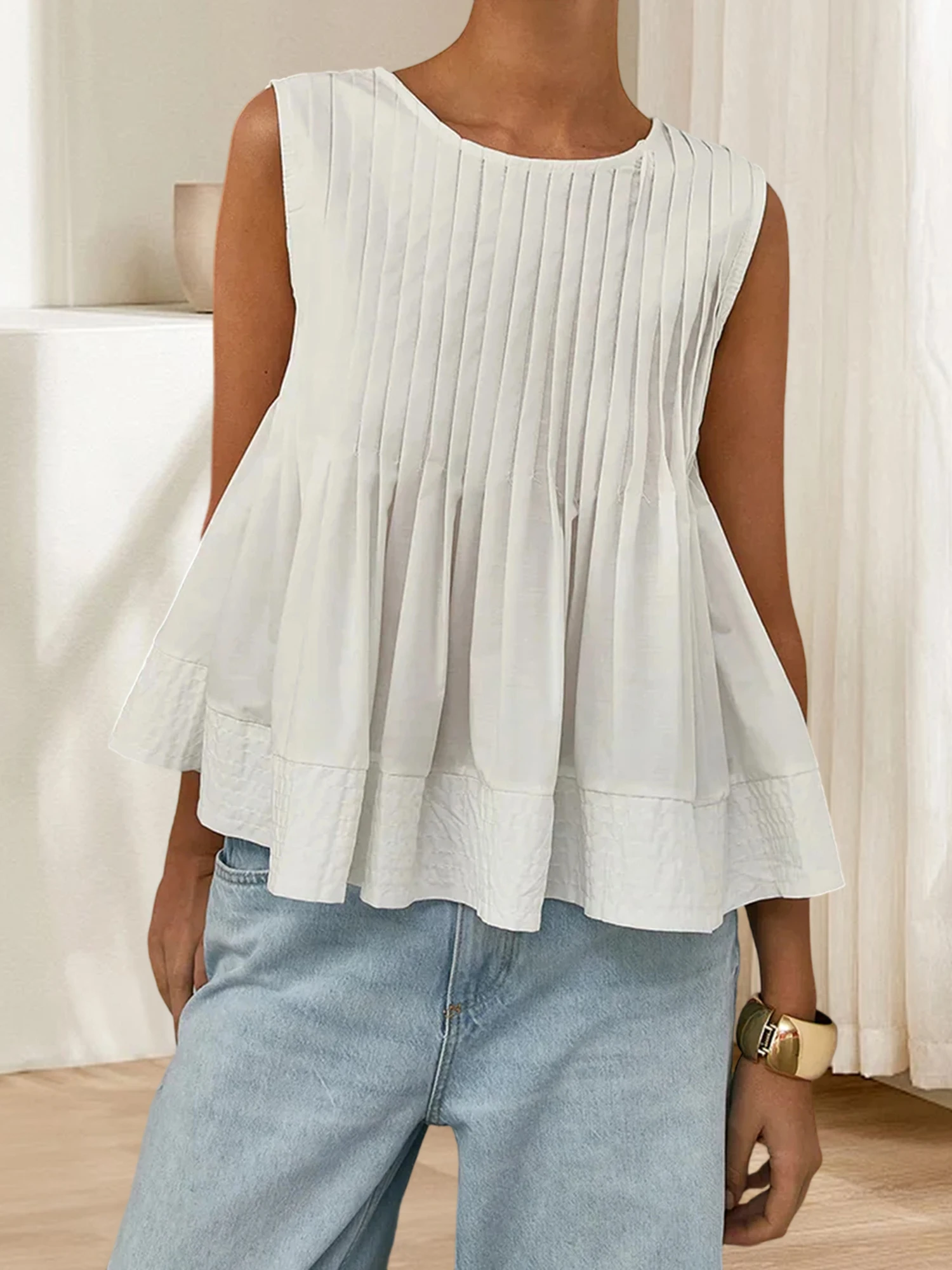 Damskie ciążowe topy bez rękawów, gładkie, plisowane z przodu, podstawowe letnie koszulki, codzienne ubrania ciążowe.