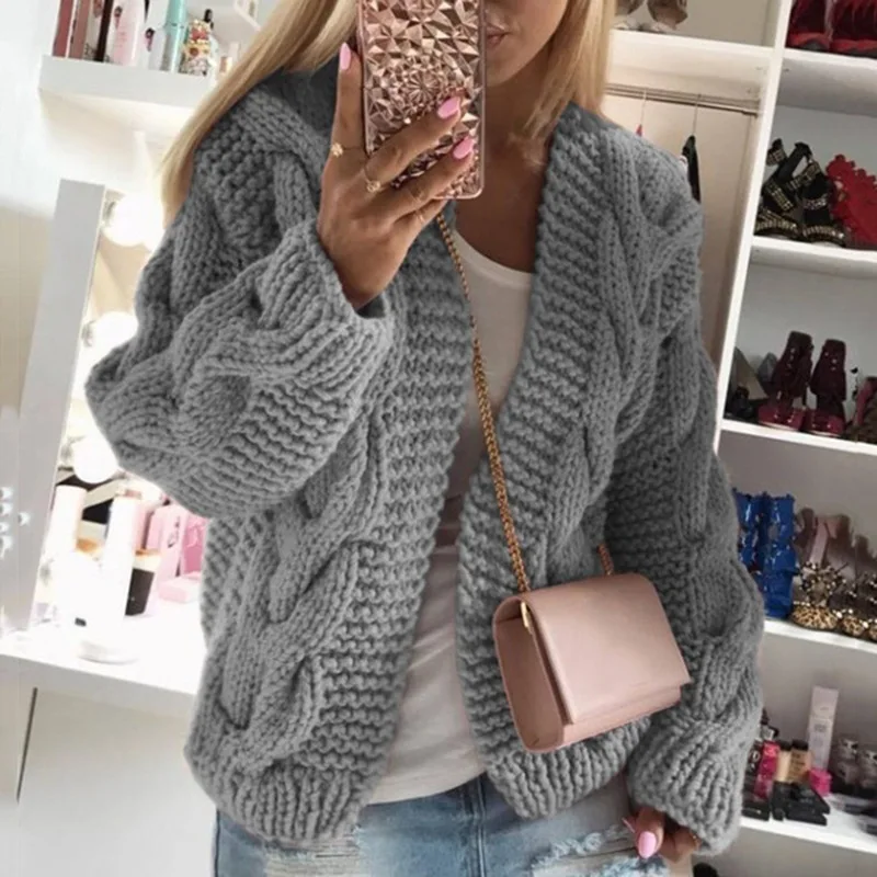 Autumn and Winter New Sweaters for Women Rough Bold Thread Fried Dough Twists Warm Knitted Cardigan Top for Women