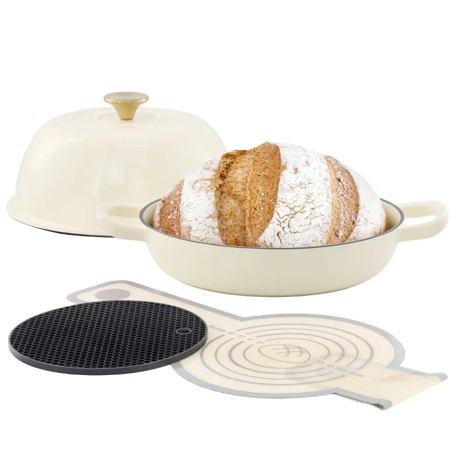 

6 Quart Enameled Cast Iron Bread Pot in Cream with Baking Mat