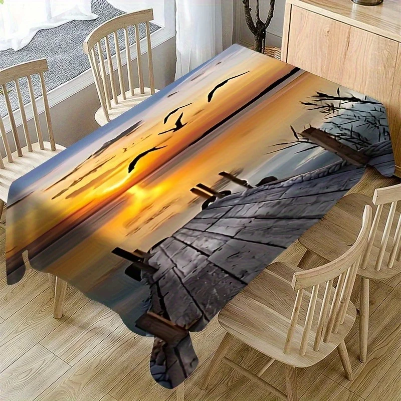 Retro-style polyester tablecloth with sunset and wooden bridge designs