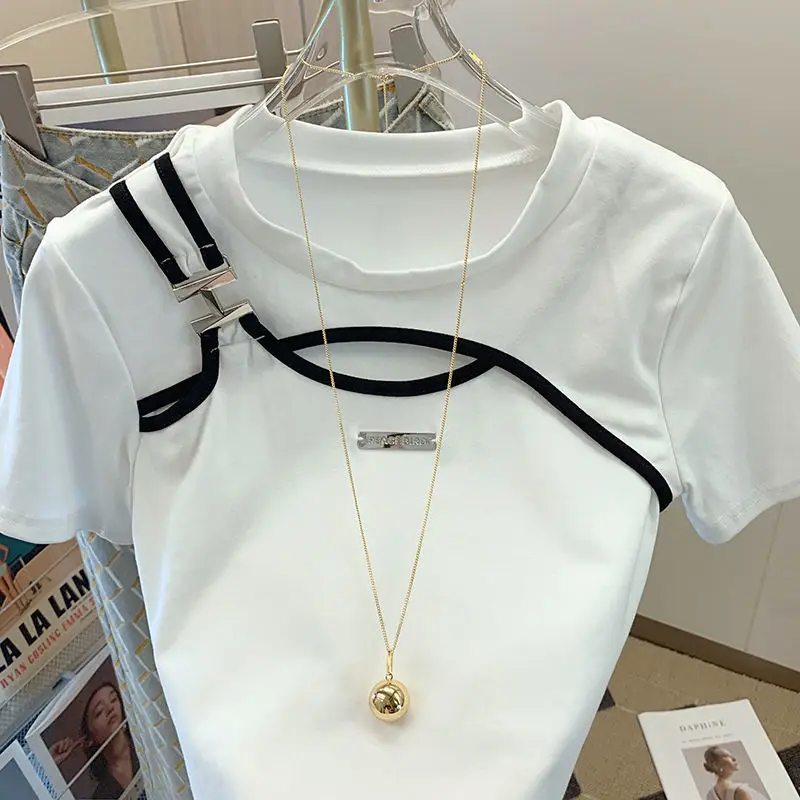 女性用半袖Tシャツ,白,ハイウエスト,スプライス,ユニークな特殊,ラージサイズ,y2kトップス,2023