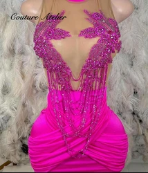 Hot Pink Diamond Beading Tassel Short Prom Dresses Blackgirls Luxury Rhinestone Birthday Party Gowns Mini Cocktail Customized