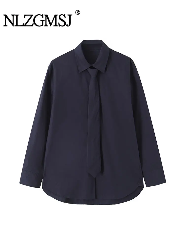 

NLZGMSJ 2025 осенние шикарные рубашки с галстуком для женщин, модная женская повседневная свободная рубашка с длинным рукавом и блузка, женский топ