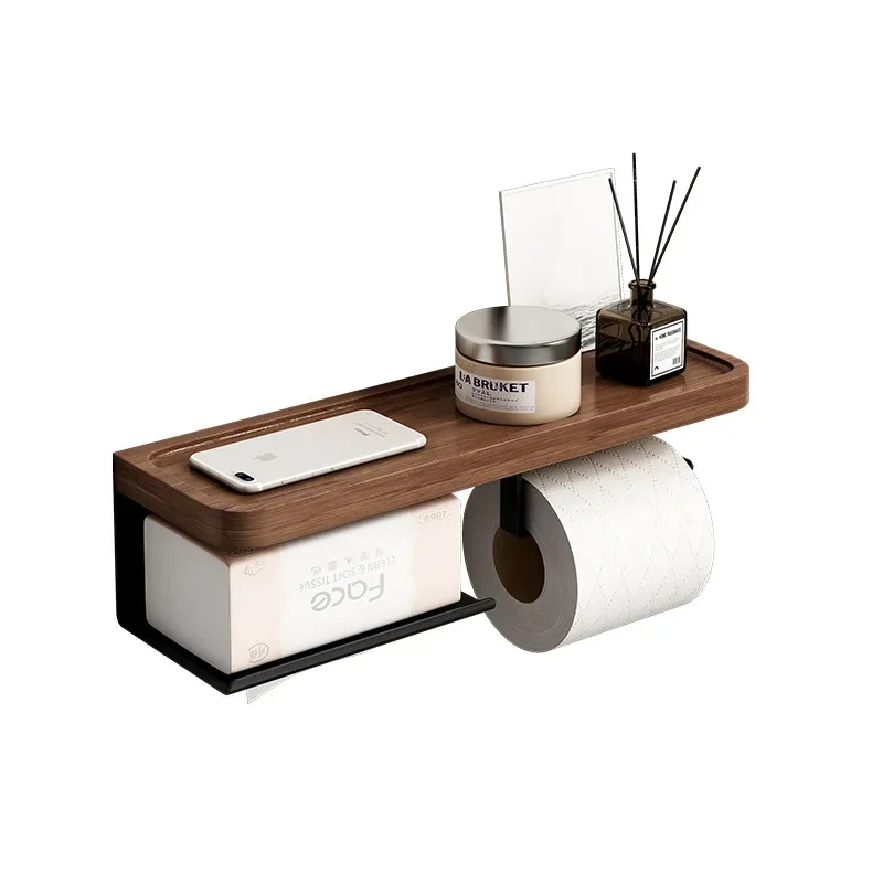 

Toilet Paper Holder with Black Walnut Shelf for Bathroom Wall Mounted Toilet Paper Tissue Holder Black Phone Double