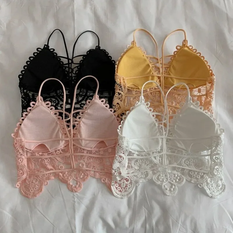 Summer New Women Sexy Vintage Hooked Flower Hollow Outer Wear Bra Short Camisole Top Lace Soft Crochet Spaghetti Strap Vest