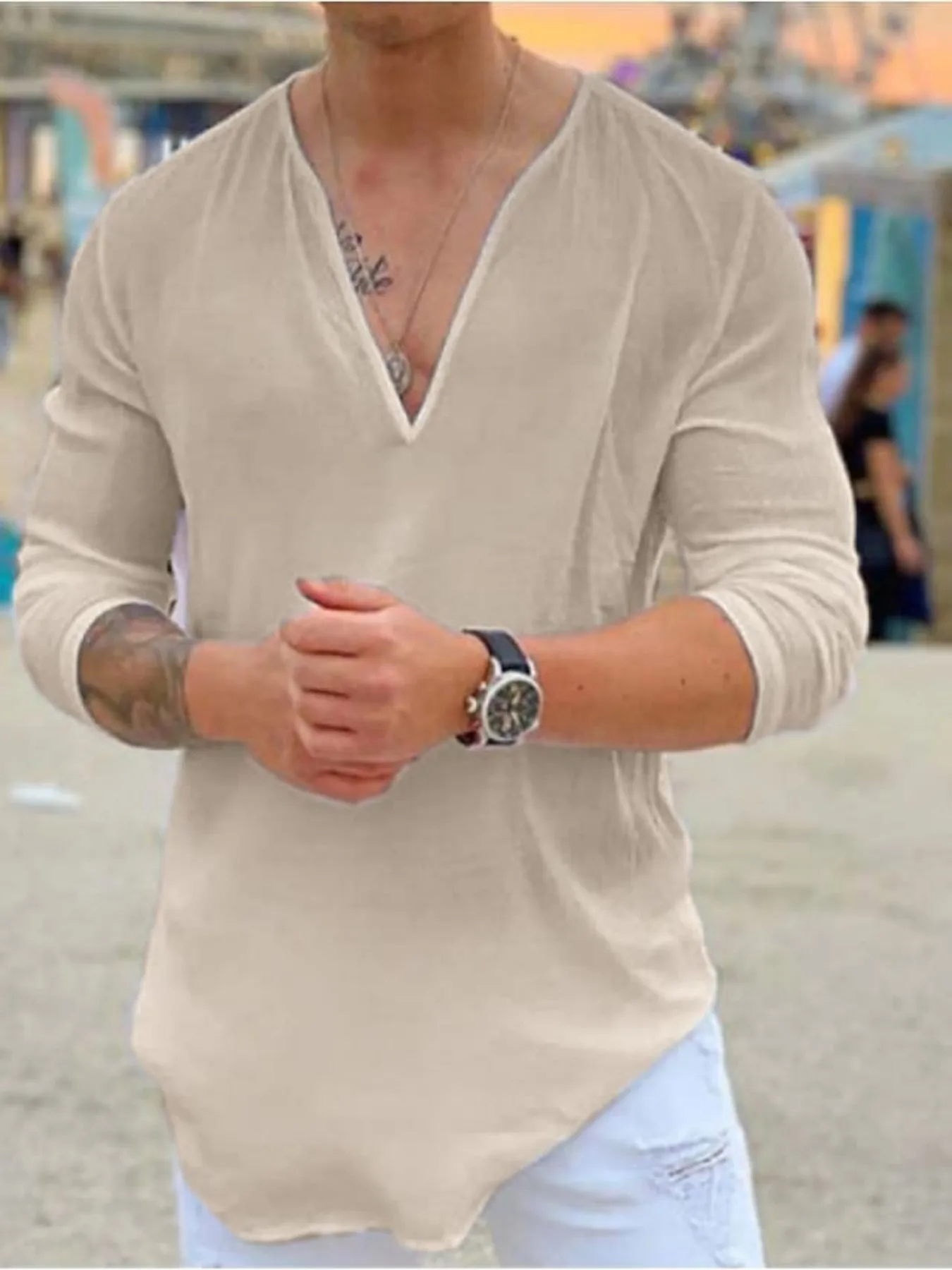 Summer 2026 V-Neck Long Sleeve Henry Shirt Casual Sport New Arrival Elegant Business Cotton Men's Dress Shirt