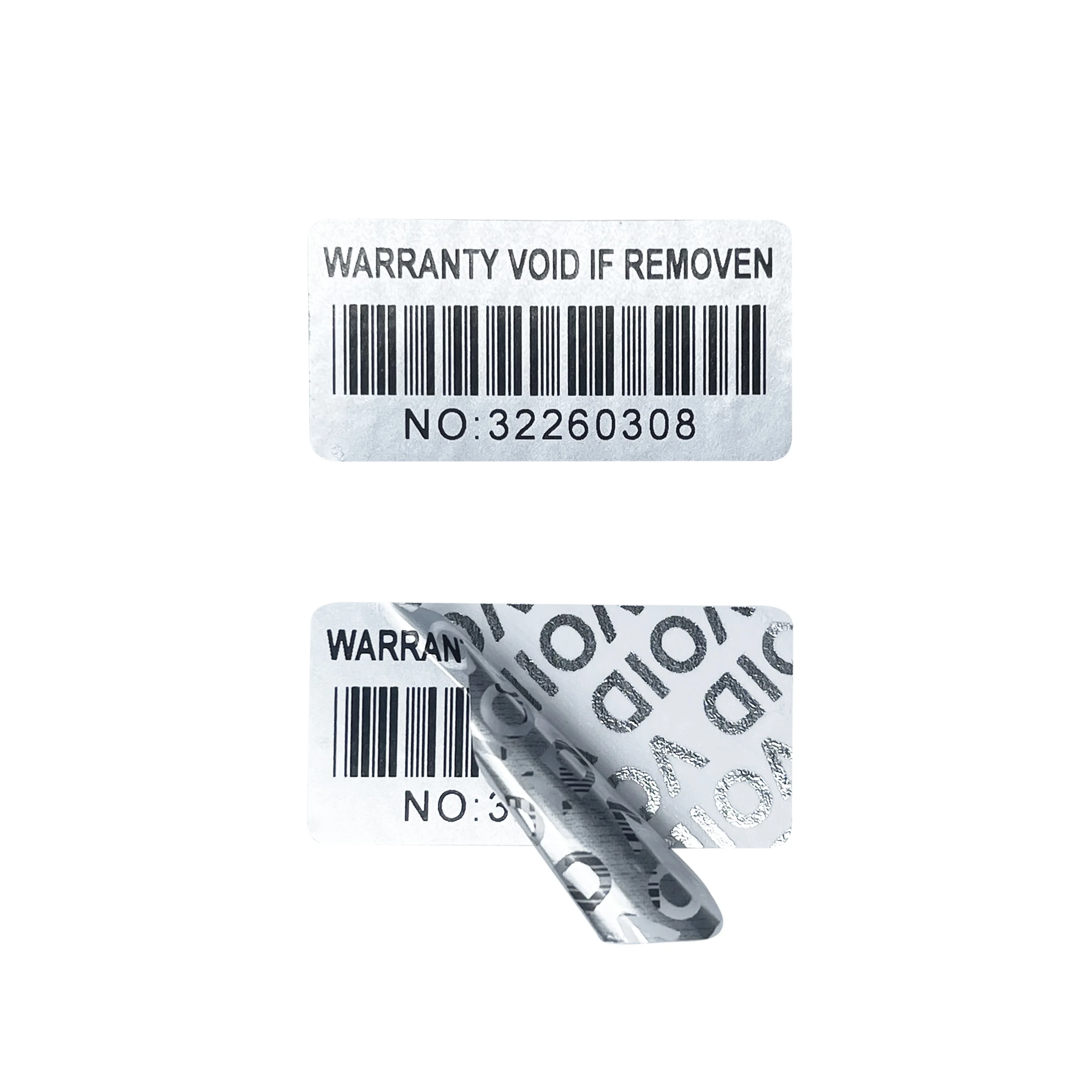 Imagem -02 - Tamper Proof Selo de Segurança Adesivo Número de Série Prata Único Barcode Sticker Lágrima Autêntica 30x15 mm 100 Pcs