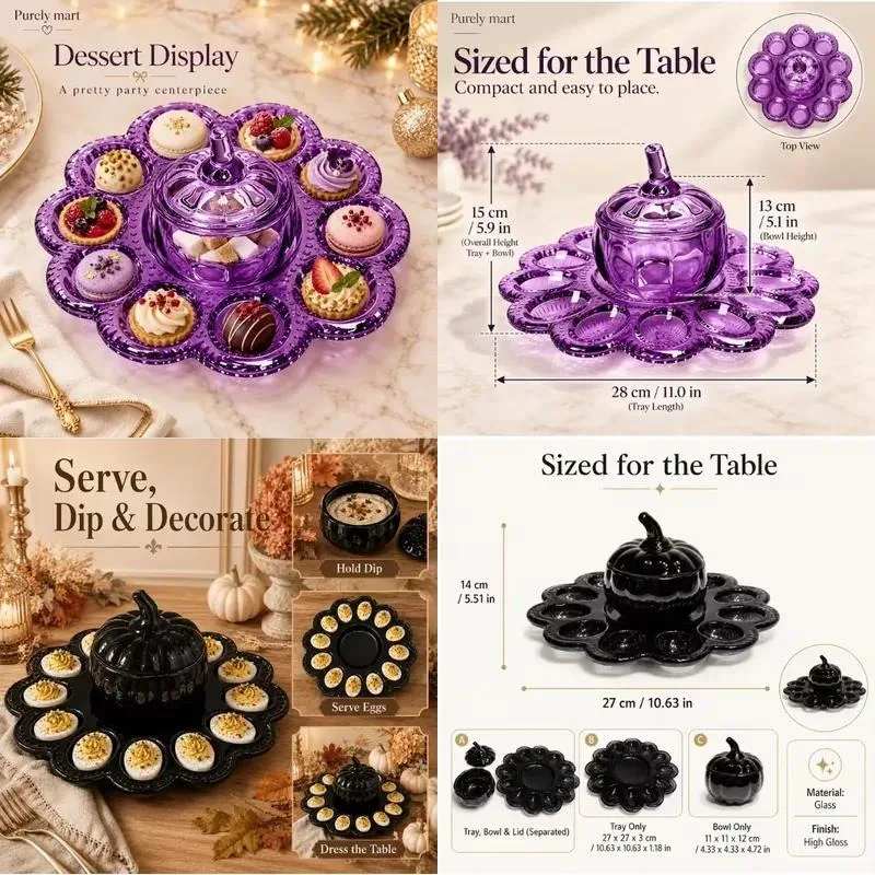 for 2-Piece black pumpkin-shaped egg tray 12-grid devil egg tray with lid, candy jar, suitable for event host, buffet table