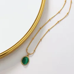 Retro Personality Emerald Stone Pendant Necklace for Women Charm Stainless Steel Opal Collarbone Chain Luxury Jewelry Accessory