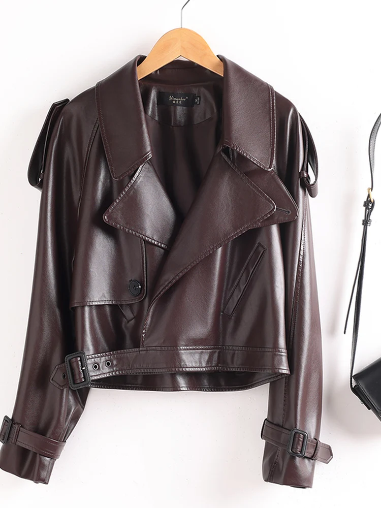 Real Leather Biker Jaet Women's ort Sle Spring Autumn Loose Fit High End eepskin Coat Commute Faion oulder Pads