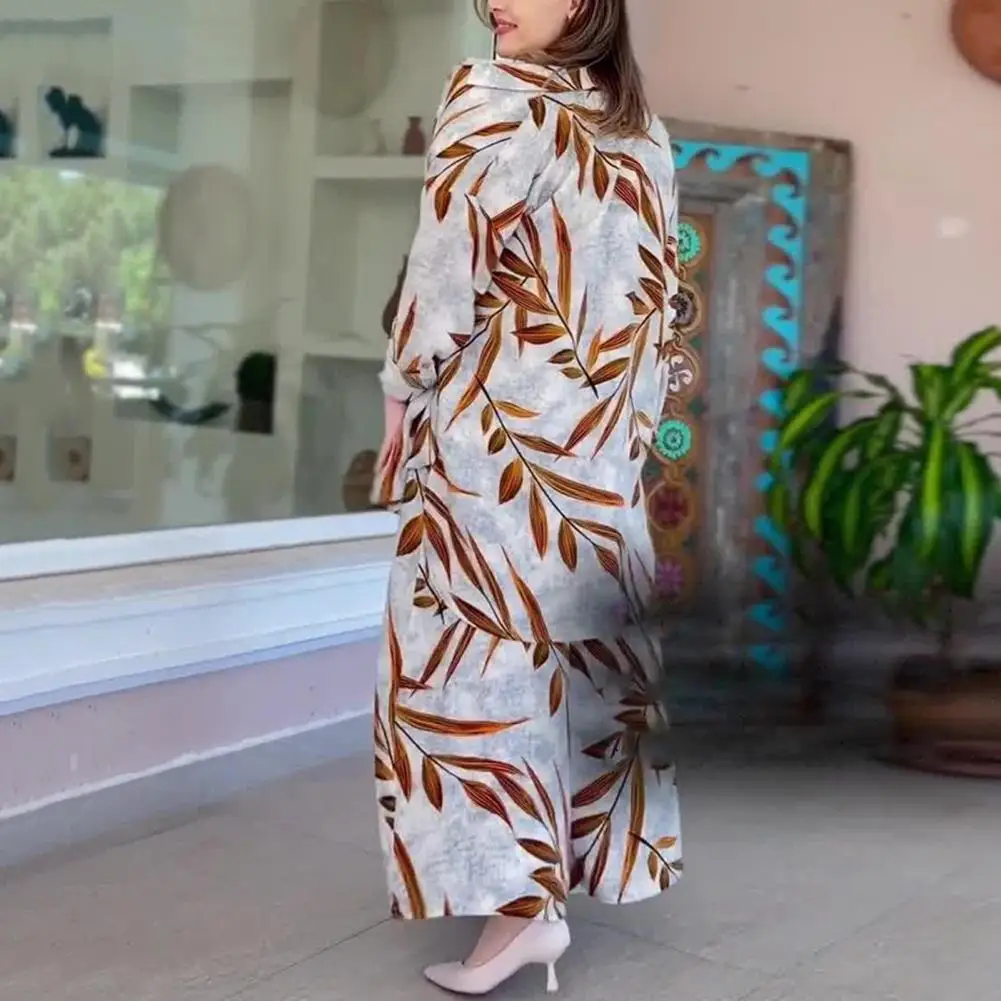 2 Pcs/Set Spring Women Shirt Pants Set Leaf Print Long Sleeves Loose Mid Length Top Elastic Waist Wide Leg Trousers