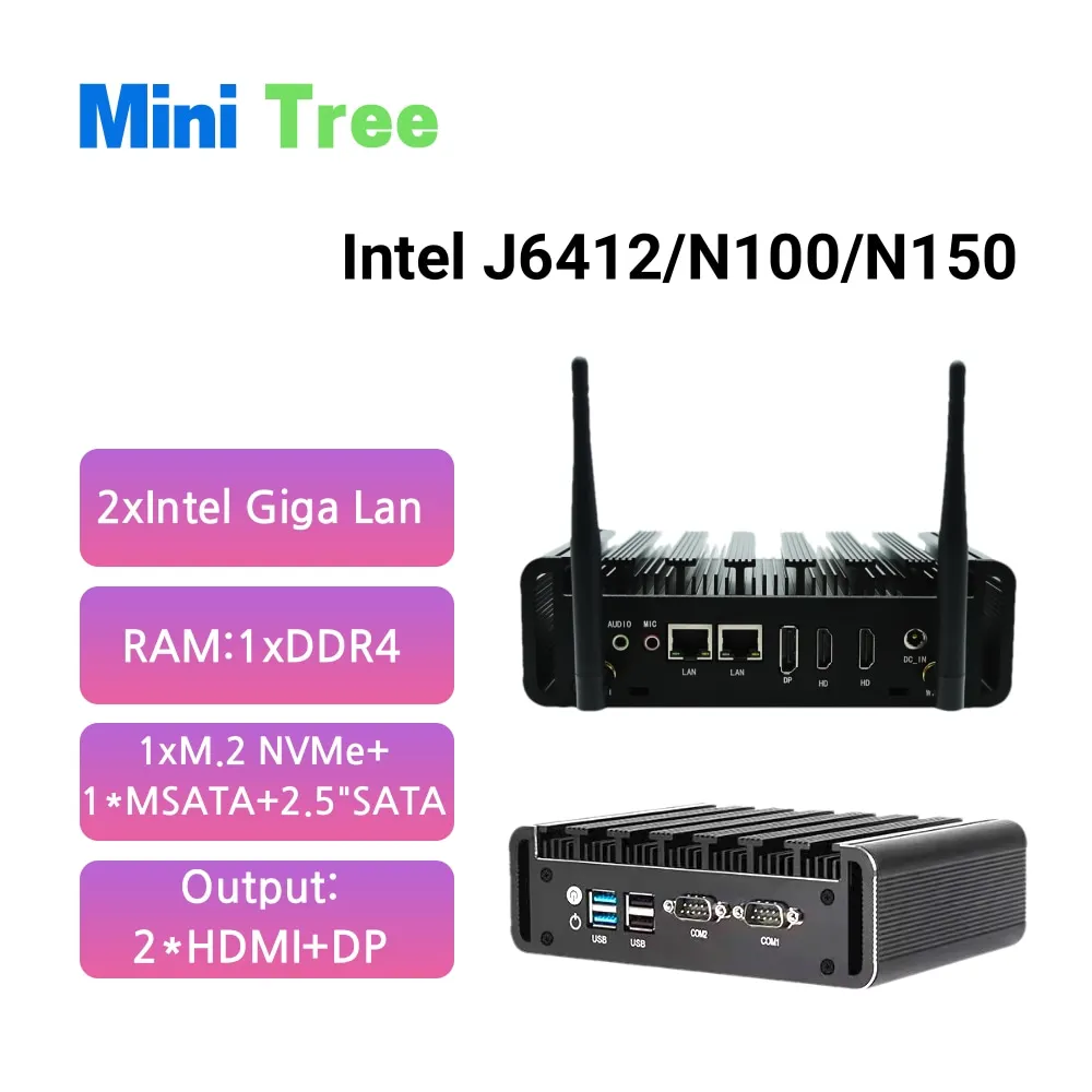 Intel N100 N150 Business Office Mini PC 2xHD DP Dual Lan Supporta Windows 11 IoT J6412 Computer industriale senza ventola 2xRs232 COM