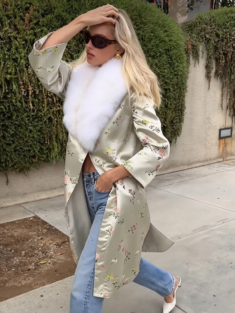 Women Floral Print Satin Long Coat Detachable White Faux Fur Collar Open Front Kimono Outerwear Elegant Winter Warm Overcoat
