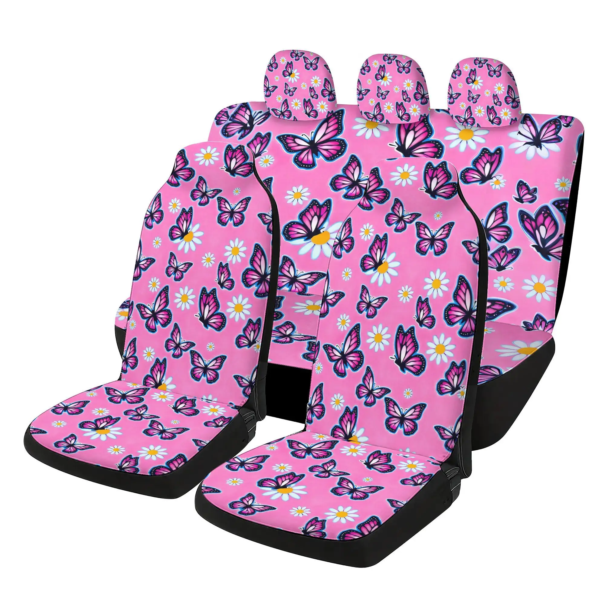 7pcs Powder Butterfly Daisy Car  Covers Set | Includes 2 Front  Covers + 1 Rear  Back Cover + 1 Rear  Cover + 3