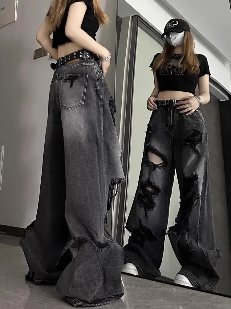 American High Street Unisex Distressed Jeans 2024 Summer Cool Girl Gradient Black Loose Versatile Straight Wide Leg Pants