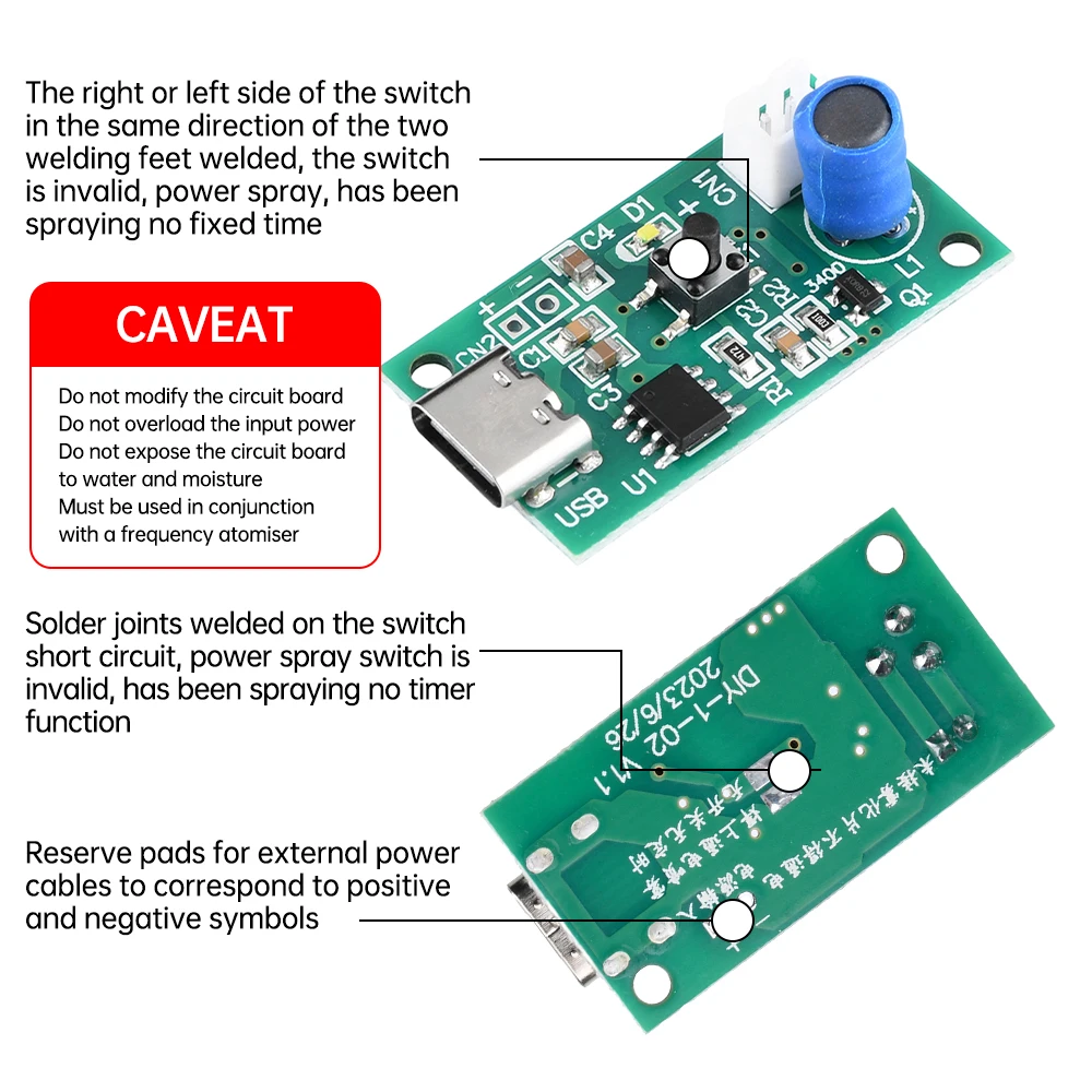 초음파 스프레이 가습기 무화기 드라이브 모듈, 초음파 가습기 DIY 패키지, 가습 모듈 TYPE-C, DC5V, 3 개