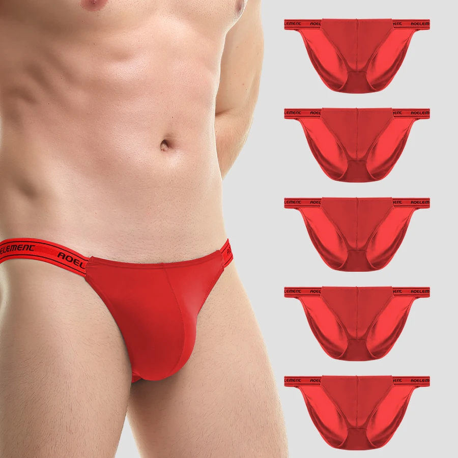 

5PCSMen's solid color stretch tight sexy low-waisted ice silk high split thong, fitness and sports comfortable triangular shorts