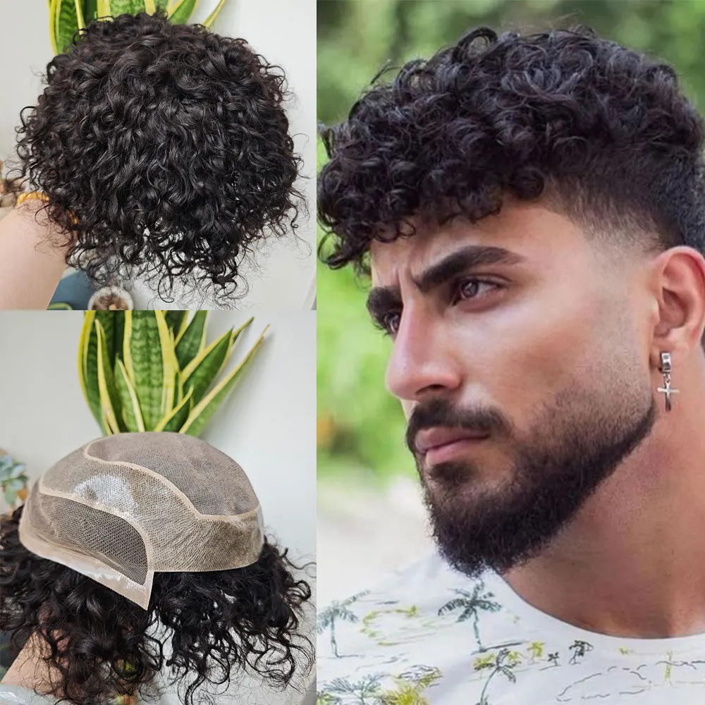 Hollywood 20MM Curly Human Hair Toupee Men's Hairpiece with French Lace Frontal PU Mono 8x10 Inch Hair Replacement Wig System