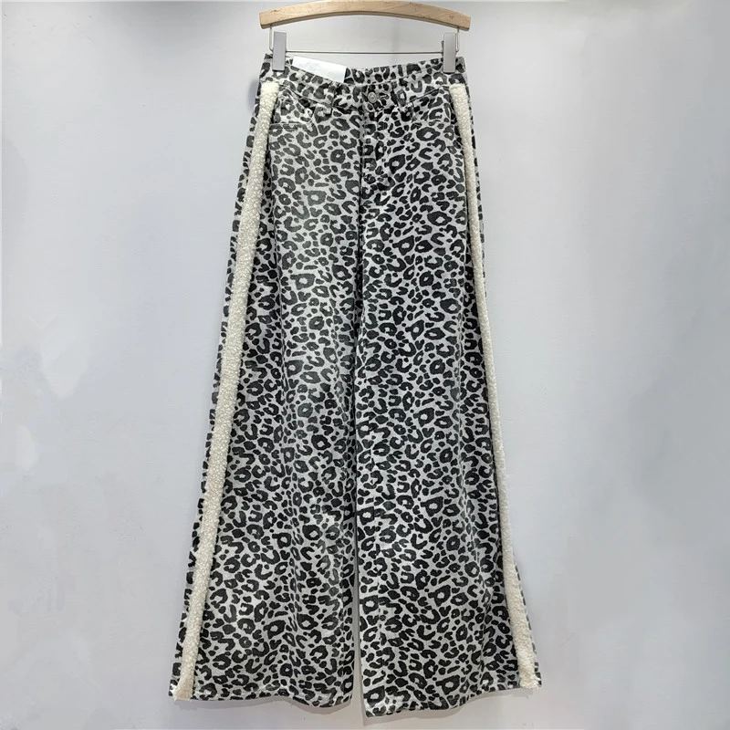 DEAT Women's Jeans High Waist Loose Wide Leg Leopard Printed Patchwork White Straight Causal Jeans 2024 New Fashion Autumn