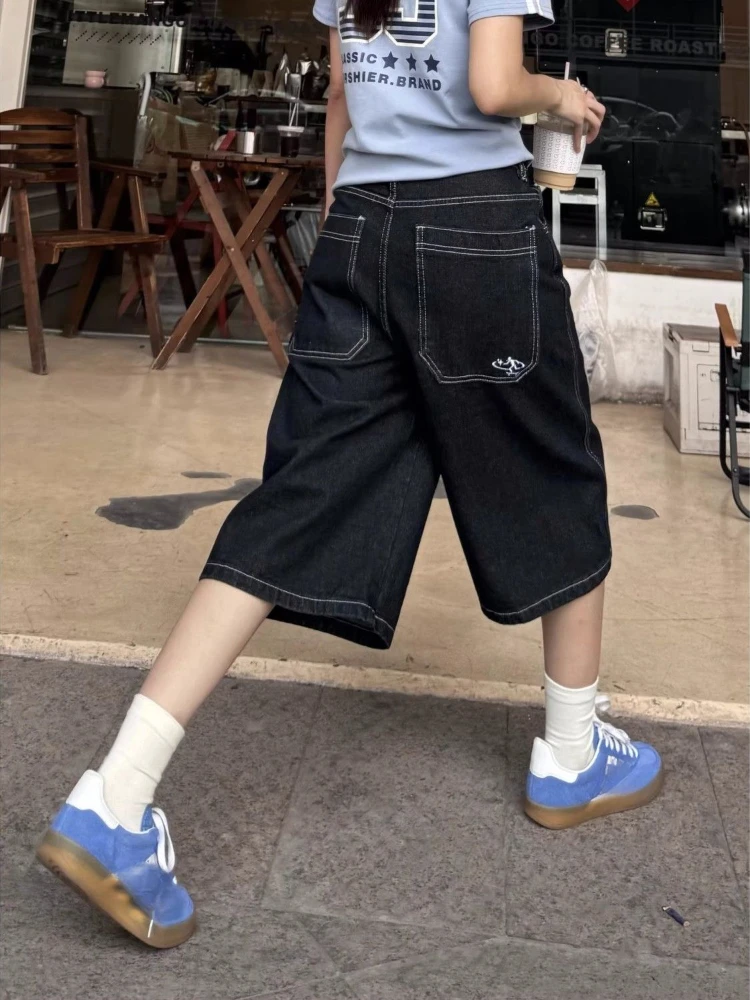 American High Street Fashion Loose Denim Shorts Retro Wide Leg Crop Pants Women Y2k High Waisted Embroidery Casual Mid Trouser