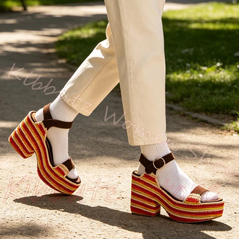 Woven Platform Wedge Sandals Boho Style Striped Crochet Heel Open Toe Ankle Buckle Strap Comfortable Summer Beach Shoes Vacation
