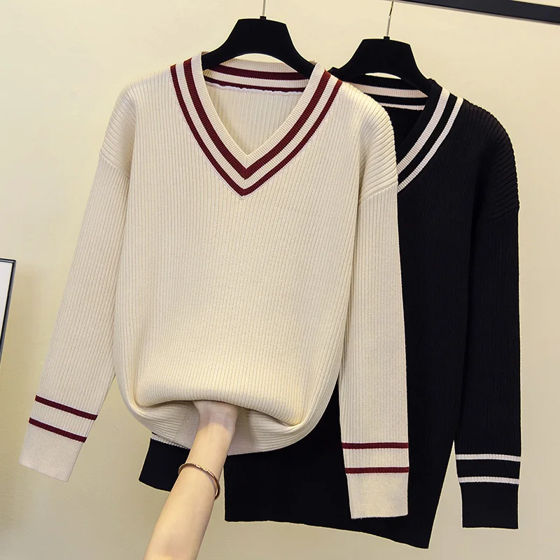 Winter Loose-Fitting Outerwear Sweater Women\'s Autumn And Winter 2023 New Korean Style Retro V-neck Striped Sweater Top