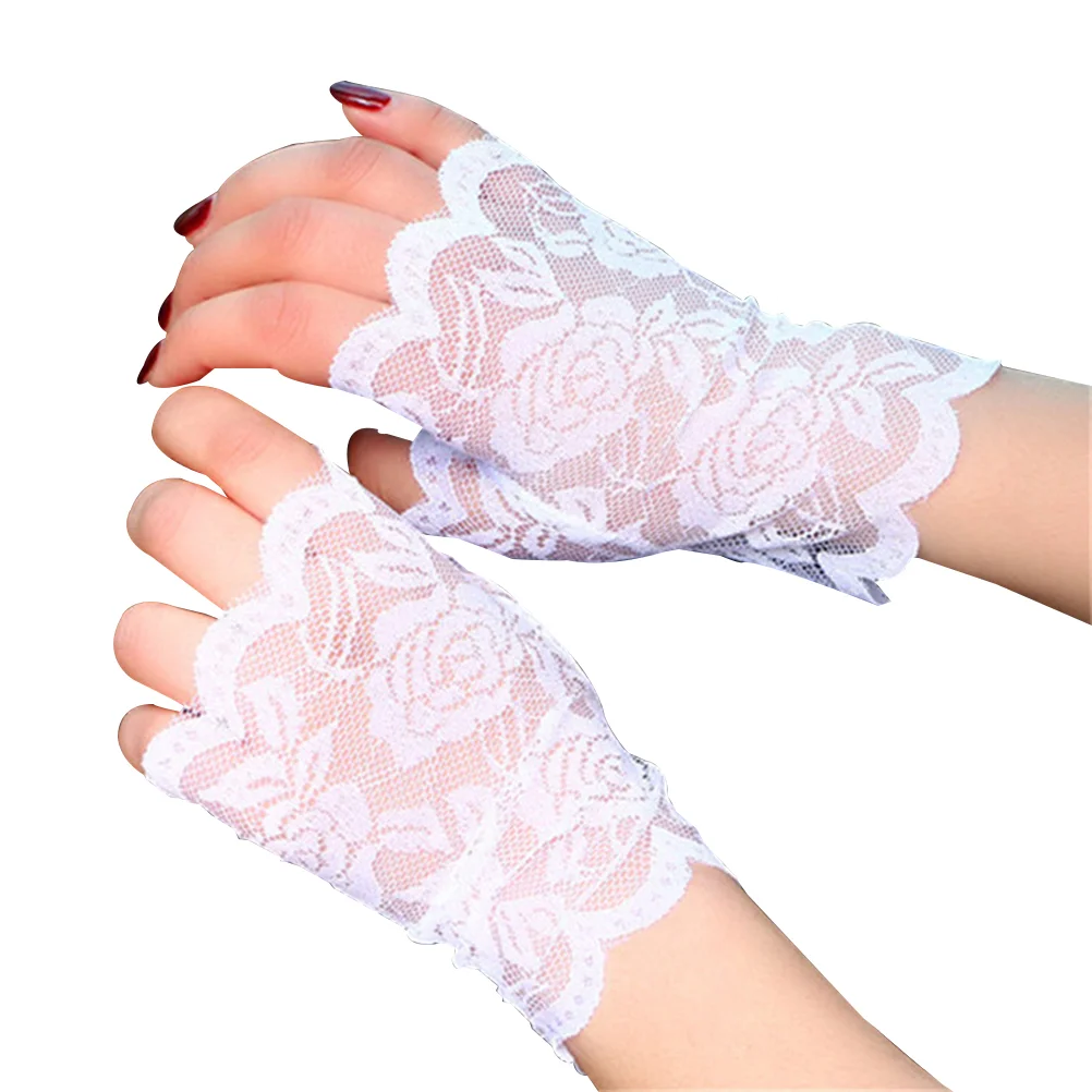 Guantes de encaje para conducir para mujer, tocado, protección sin dedos, color blanco sol, bloque corto para mujer